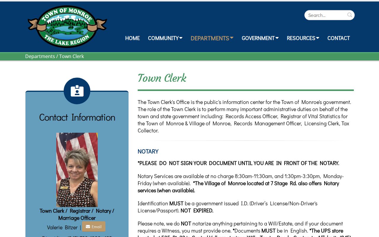 Town of Monroe residents directory Town Clerk records gateway
